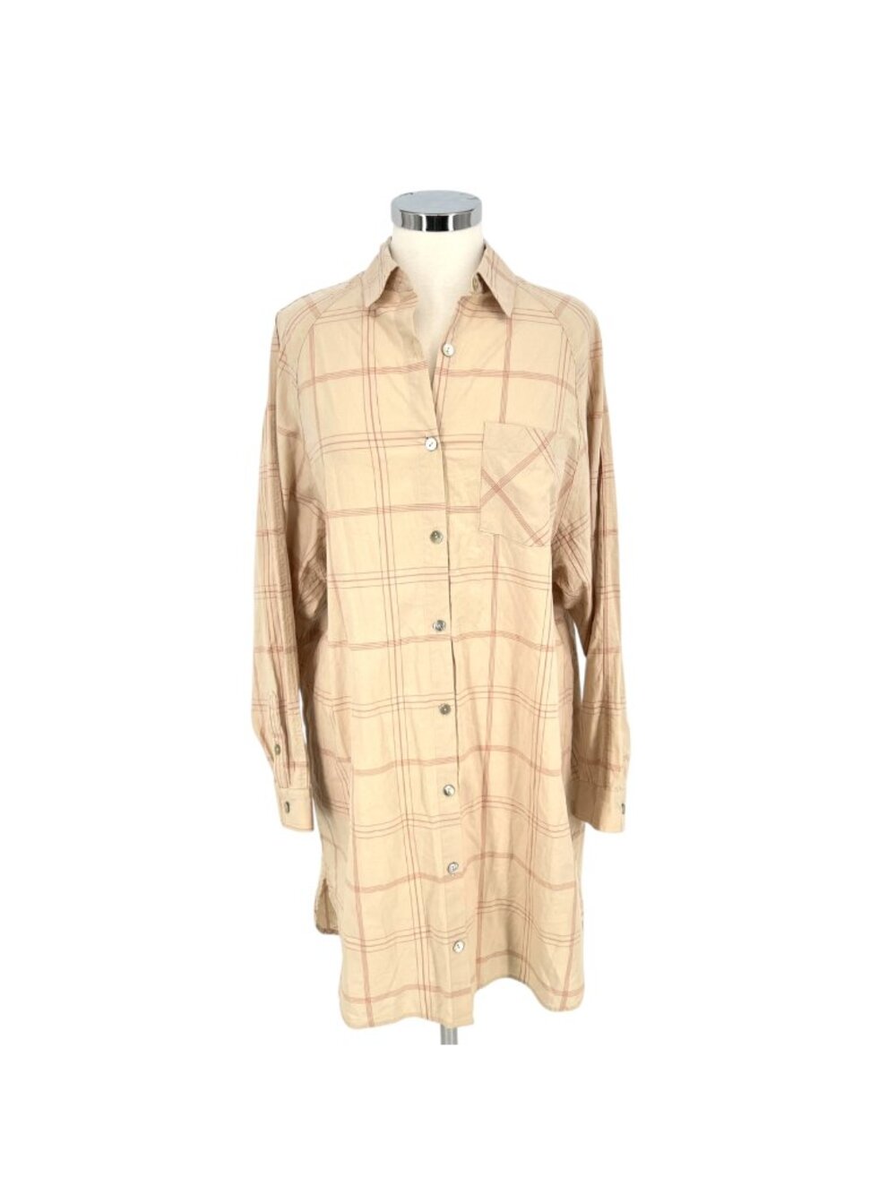 Jackson Rowe Beau Plaid Button-Up Oversized Shirt Dress Beige Size Medium NWOT